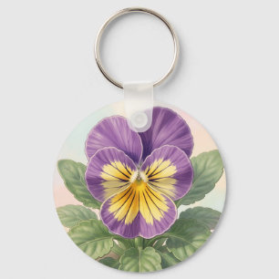 Chaveiro Vibrante Flor de Pansy Amarelo Roxo Botânica
