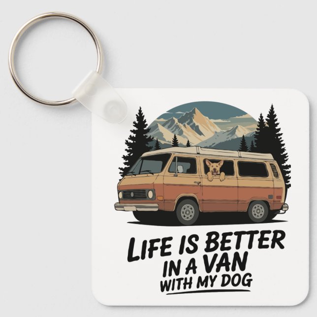 Chaveiro Vida Retro em Van com Aventura de Cachorro na Mont (Frente)