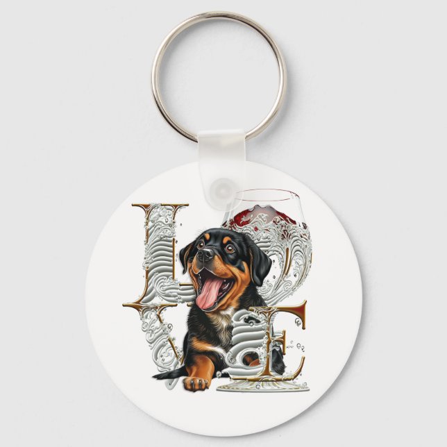Chaveiro Vidro do Rottweiler Fez Palavra AMOR (Frente)
