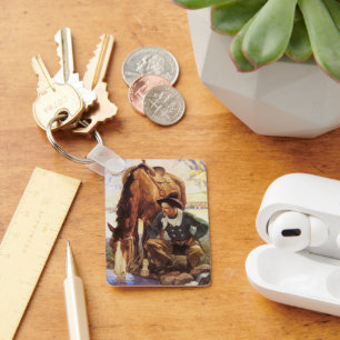 Chaveiro Vintage Art, Cowboy Cuidando de Seu Cavalo pelo NC