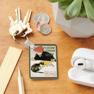 Chaveiro Vintage Art Nouveau, Artista Pintura com Pet Cat