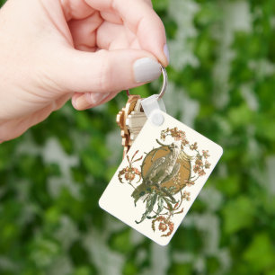 Chaveiro Vintage Art Nouveau, Cockatoo Bird, Orchid Flowers