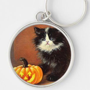 Chaveiro Vintage Black and White Halloween Kitten