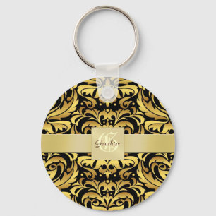 Chaveiro Vintage Black Damask Gold Monogram Keychain