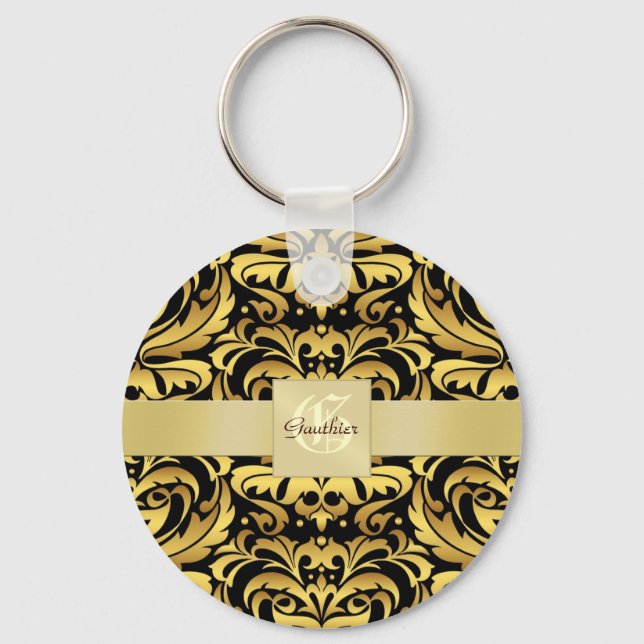 Chaveiro Vintage Black Damask Gold Monogram Keychain (Frente)