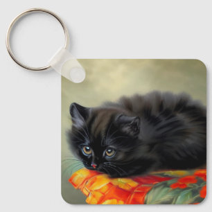 Chaveiro Vintage Black Kitten com Red Flower Blanket
