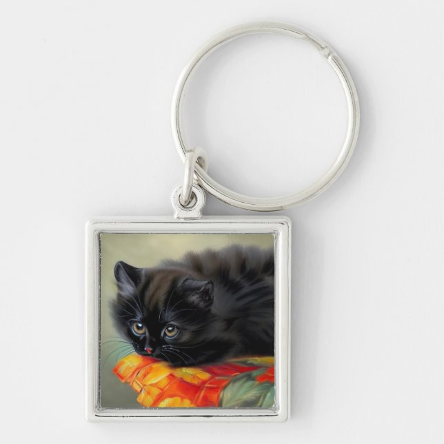 Chaveiro Vintage Black Kitten com Red Flower Blanket (Frente)