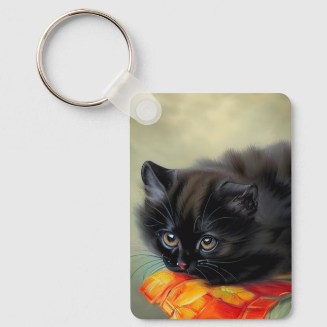 Chaveiro Vintage Black Kitten com Red Flower Blanket (Frente)