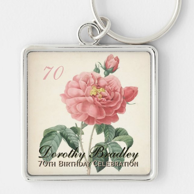Chaveiro Vintage Blooming Rosa 70 de aniversário Celebração (Frente)
