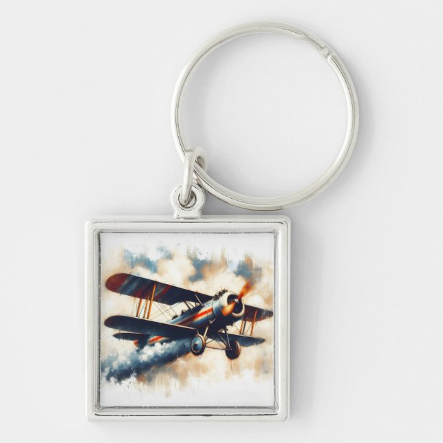 Chaveiro Vintage Blue Classic Biplane Painting Oil (Frente)