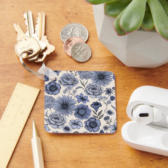 Chaveiro Vintage Blue Toile Floral Botanical Pattern (Mesa)