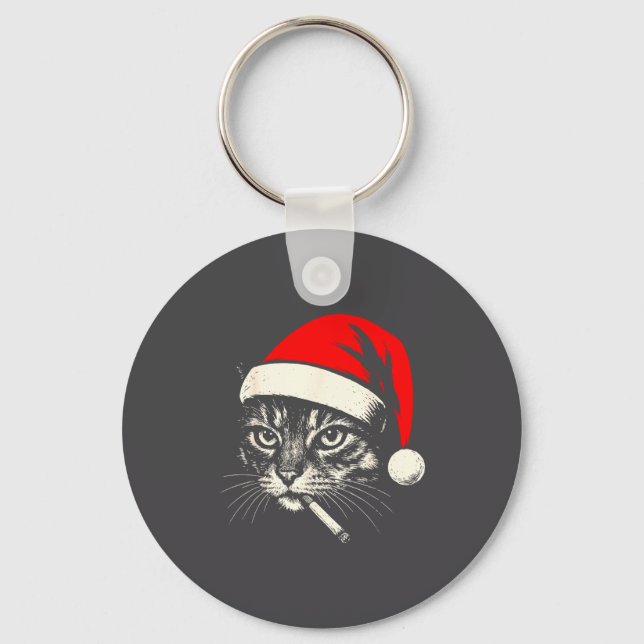 Chaveiro Vintage Cat Smoking Cigarette Christmas Cat Santa  (Frente)