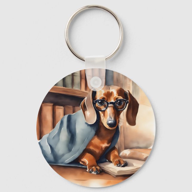 Chaveiro Vintage Dachshund na Biblioteca Antiga (Frente)