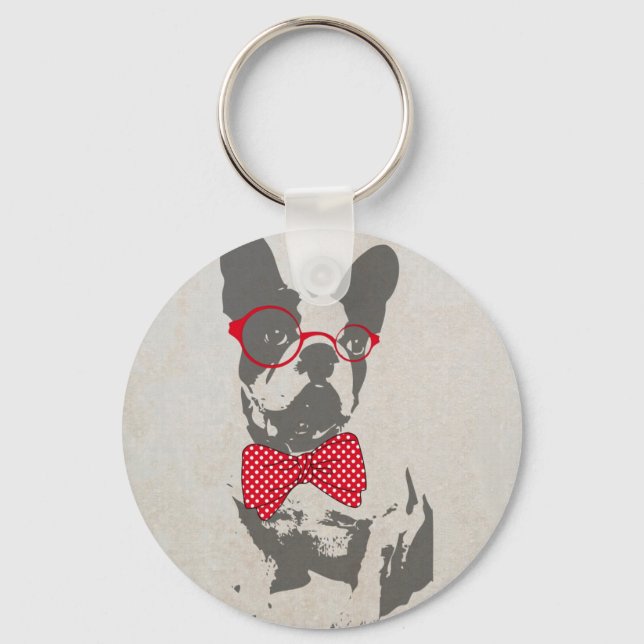 Chaveiro Vintage Engraçado Buldogue francês Óculos Design (Frente)