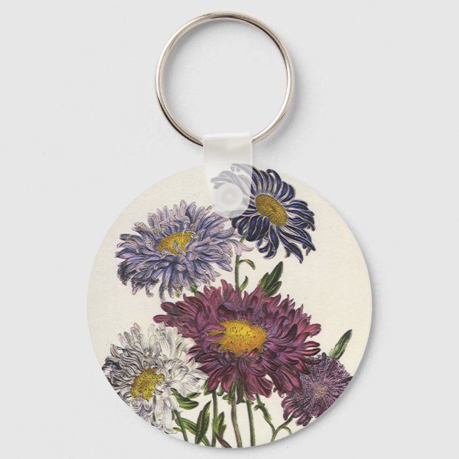 Chaveiro Vintage Floral, Antigas Flores De Aster Roxo (Frente)
