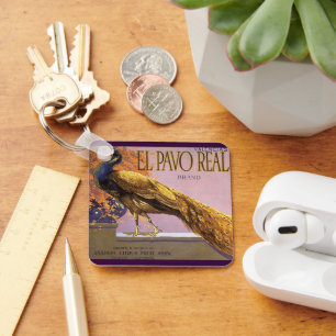 Chaveiro Vintage Fruta Rótulo de Crato Art El Pavo Peacock