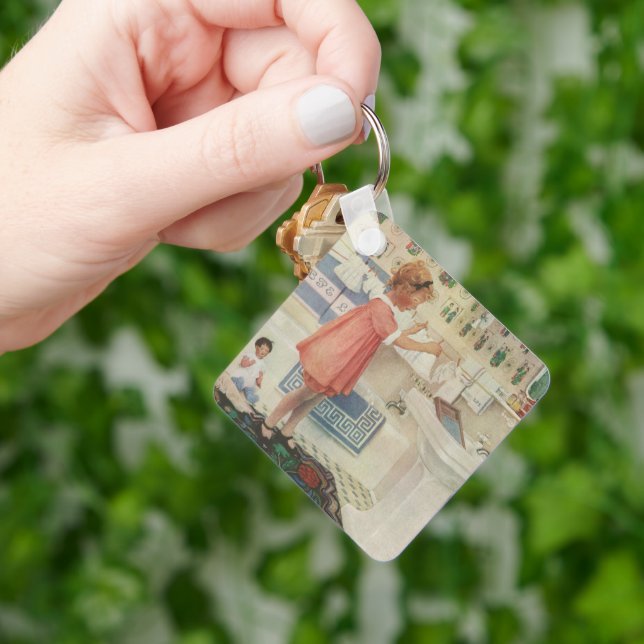 Chaveiro Vintage Girl, Criança Fazendo Roupas De Banheira (Mão)