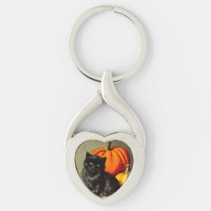 Chaveiro Vintage Halloween Black Cat e Pumpkins