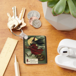 Chaveiro Vintage Halloween Bruxa Andando Broomstick com Cat