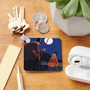 Chaveiro Vintage Halloween, bruxa assustadora com menino