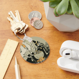 Chaveiro Vintage Halloween, Bruxa com Cauldron e Gatos