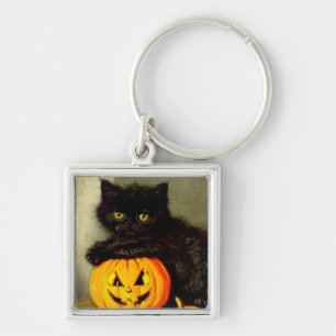 Chaveiro Vintage Halloween Cat e Jack-o'-lantern