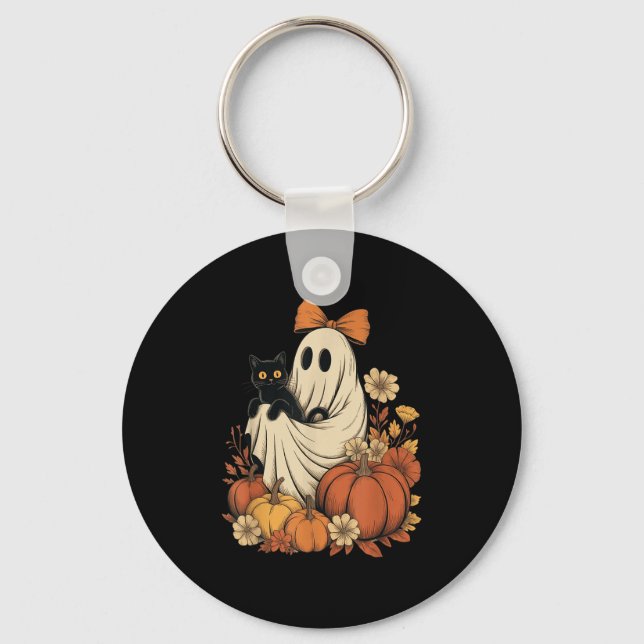 Chaveiro Vintage Halloween Ghost Segurando Groovy Negro (Frente)