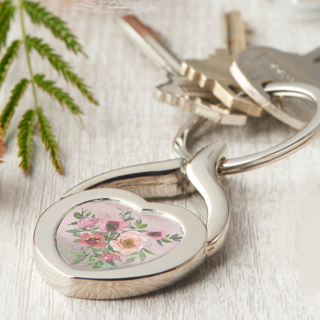 Chaveiro Vintage Pink Monograma Floral (Pink floral heart shape key chain)