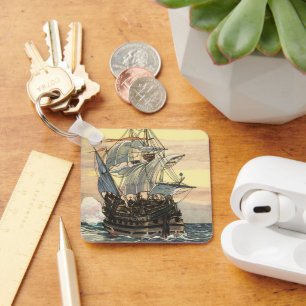 Chaveiro Vintage Pirate Ship, Galleon Seleando no Oceano