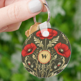 Chaveiro Vintage Poppies Gold Red Art Nouveau Monogram