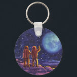 Chaveiro Vintage Science Fiction, Sci Fi Astronauts on Moon<br><div class="desc">Vintage illustration science fiction image featuring two astronauts or aliens on the moon waving to planet earth.</div>