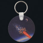 Chaveiro Vintage Science Fiction, Sci Fi Rocket over Earth<br><div class="desc">Imagem de ficção científica com ilustração em Vintage,  com um foguete voando pelo espaço. A nave espacial está orbitando a Terra com a lua à distância.</div>