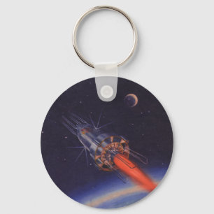 Chaveiro Vintage Science Fiction, Sci Fi Rocket over Earth