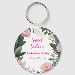 Chaveiro vintage, verde-flor-rosa, eucalipto, 16.o aniversá