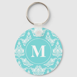Chaveiro Vintage Watercolor Turquoise Damask Monograma