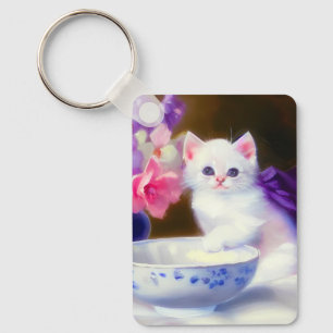 Chaveiro Vintage White Kitten com Fita Roxa