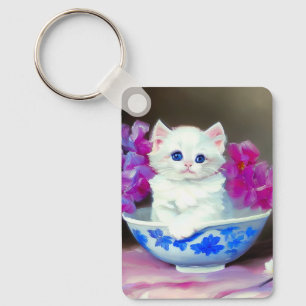 Chaveiro Vintage White Kitten com Flores Rosa