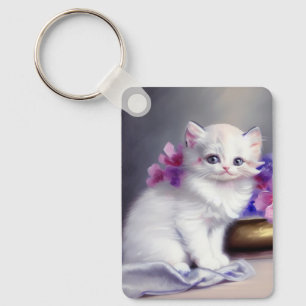 Chaveiro Vintage White Kitten com Flores Rosa e Púrpura