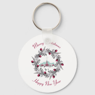 Chaveiro Vintage Winter Church Scende com a coroa de Natal