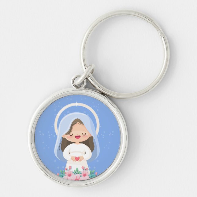 Chaveiro Virgem Kawaii Brilhante Mary Segurando Coração - L (Frente)