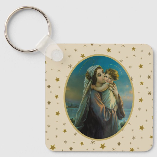 Chaveiro Virgem Maria e Jesus Bebê no Fundo Estrelado (Frente)