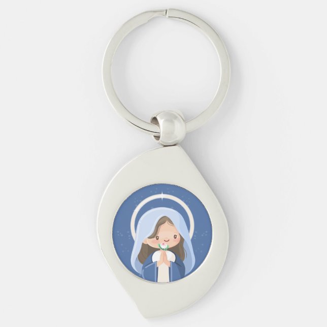 Chaveiro Virgem Maria Kawaii Orando com Flor – Azul Marinho (Frente)