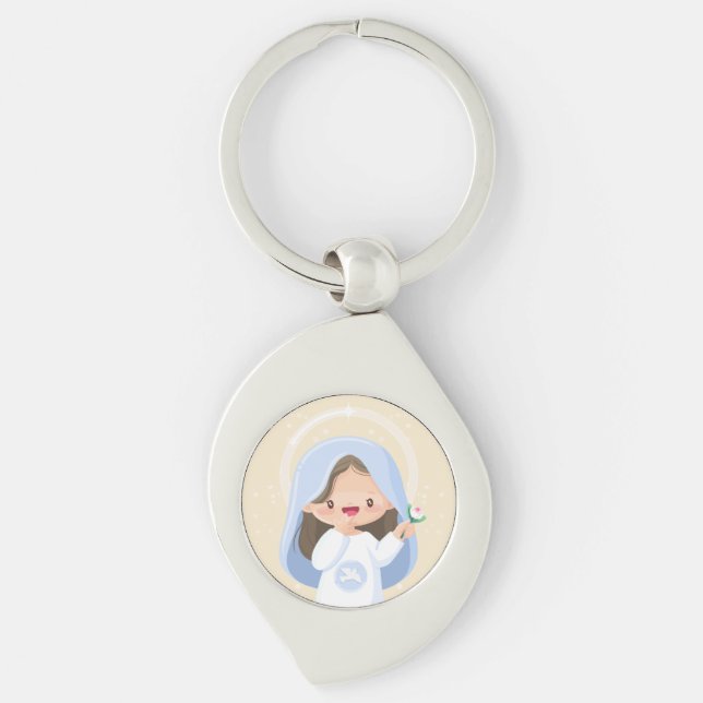 Chaveiro Virgem Maria Kawaii Sorridente com Flor – Bege (Frente)