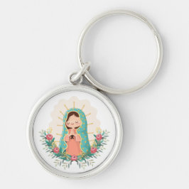 Chaveiro Virgen de Guadalupe kawaii adornada con flores