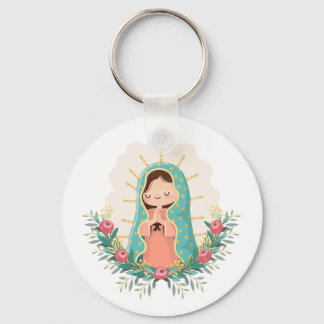Chaveiro Virgen de Guadalupe kawaii adornada con flores