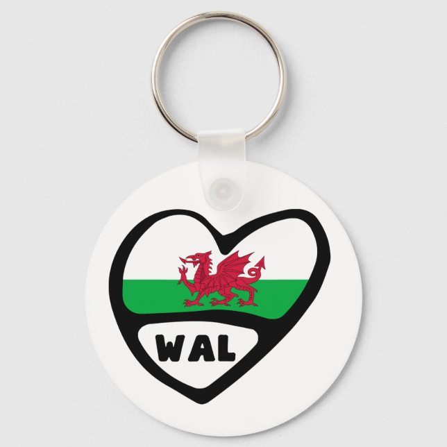 Chaveiro Wales Country Code Flag Heart Keyring, WAL, Cymru (Frente)