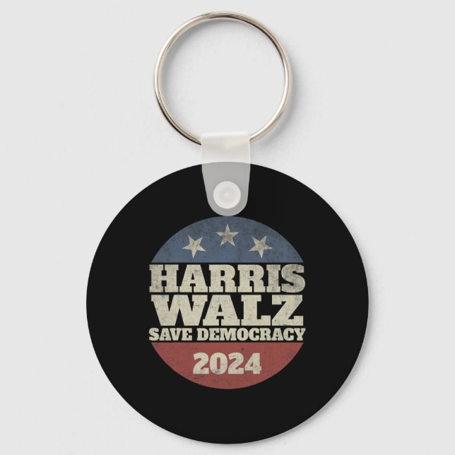 Chaveiro Waltz 2024 Save Democracy Shirt Retro Button Elect (Frente)