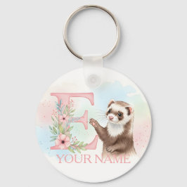Chaveiro Watercolor Ferret with Floral Letter E Monogram
