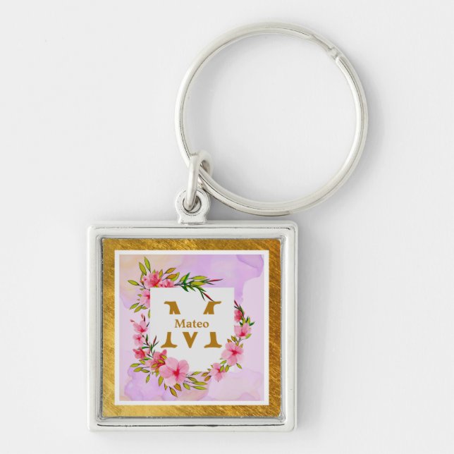 Chaveiro Watercolor Flower Gold Frame | Custom Name (Frente)