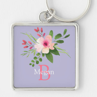 Chaveiro Watercolor Flower, Name & Monogram on Lavender